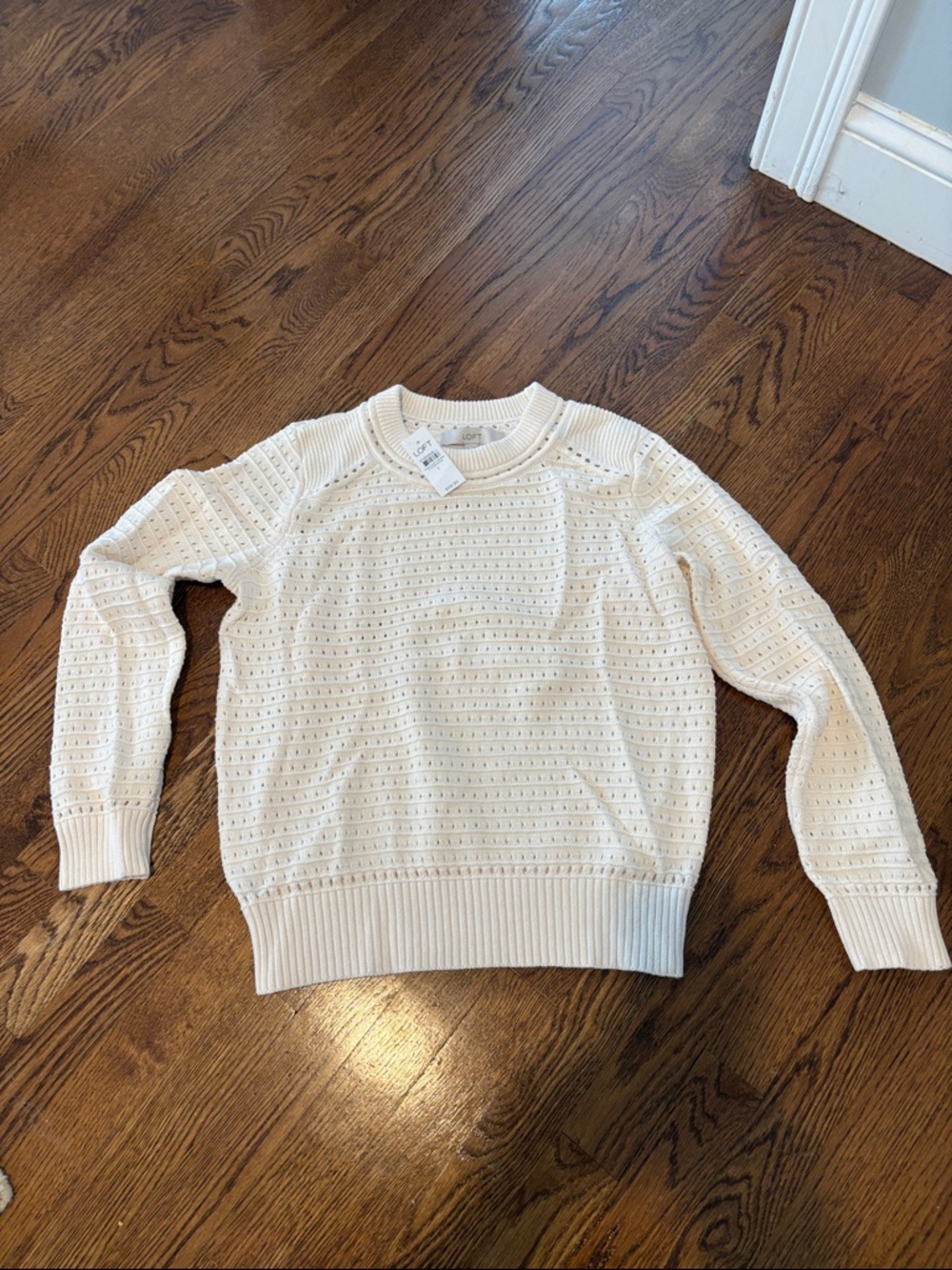 LOFT Cream Openwork Crewneck Sweater